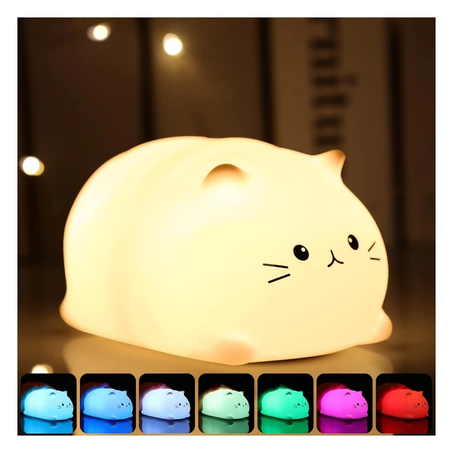 Cute Cat Lamp Night Light for Girls Bedroom - 7 Color Changing - Portable Silicone - Nursery Room Decor