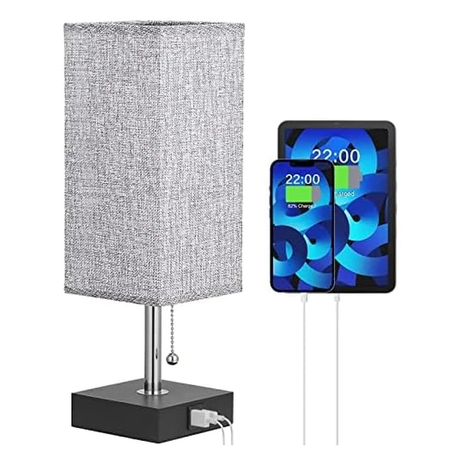Aooshine Bedside Table Lamp USB Charging Ports Grey Square Fabric Shade