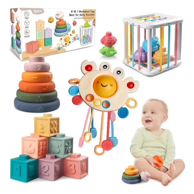 Montessori Toys for Babies 6 Months - 3 Years | 4-in-1 Stacking Blocks, Shape Sorter, Activity Cube | Gifts for Boys & Girls
