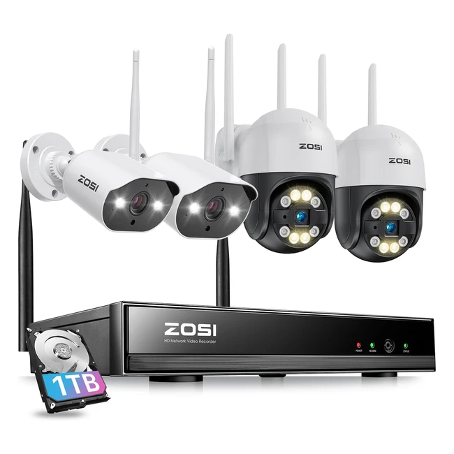 Zosi 2K 8CH Wireless CCTV Camera System - 2pcs 3MP Outdoor WiFi IP Cameras and 2pcs C289 PTZ WiFi Camera - Color Night Vision, 2-Way Audio, AI Human Detection