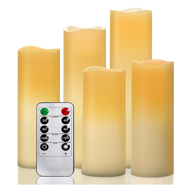Flameless LED Candles - Real Wax Pillar, Remote Control, Flickering Lights - Set of 5 Ivory