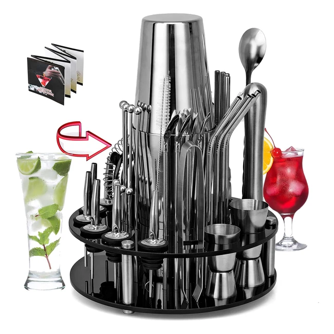 Kit da Barman 41 Pezzi Boston Cocktail Shaker in Acciaio Inossidabile - Supporto Rotante in Acrilico - Bar Gift Set