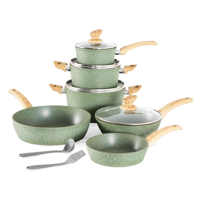12-teiliges Granit-Topfset für Induktionsherde | Antihaftbeschichtung | Glasdeckel | Kochgeschirr | grün