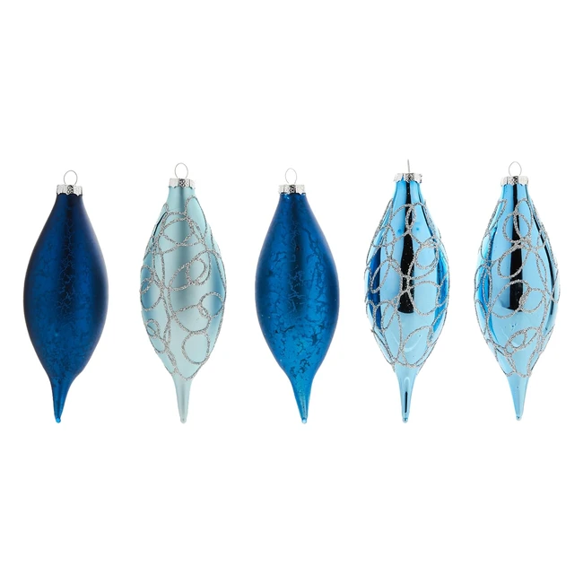 Blue Glass Baubles - Set of 5 by WerChristmas - Teardrop Shape - H 15cm, D 5cm