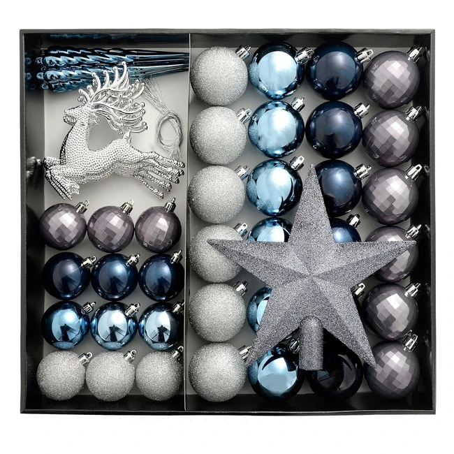 Luxury Christmas Tree Baubles - Shatterproof - Blue/Charcoal/Dove Grey/Silver - 50 Pieces