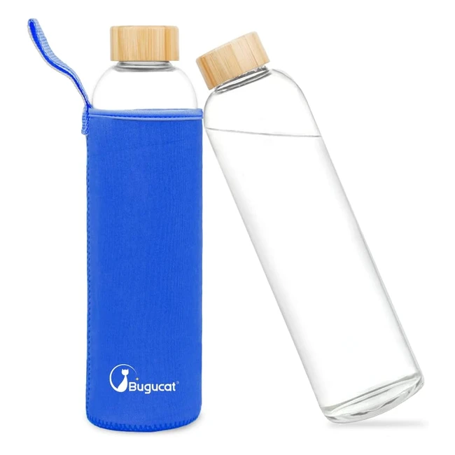 Bugucat Borosilicate Glass Water Bottles 1000ml - Reusable Bamboo Lid - Leak Proof - Hot Cold Drinks