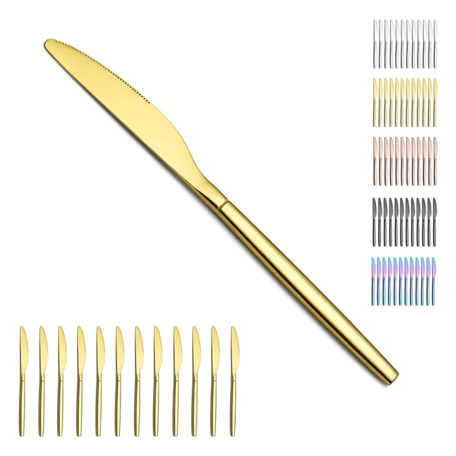 Ensemble de 12 couteaux de table en or, acier inoxydable doré, idéal pour la maison et les occasions spéciales