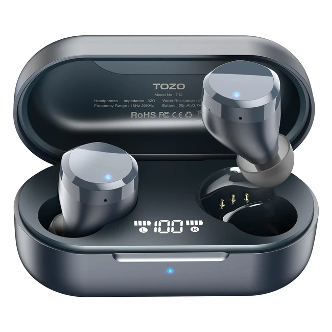 TOZO T12 Wireless Earbuds - Premium Fidelity Sound, IPX8 Waterproof, Wireless Charging Case