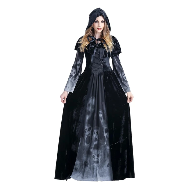 Déguisement Sorcière Halloween Femme - Robe Slim Lace Capuche Cape - Style Vintage Gothique - Taille XXL