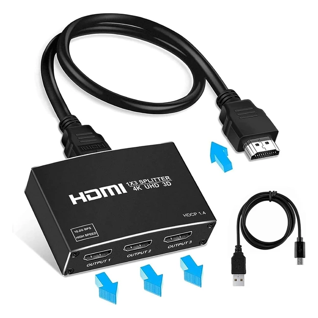 4K HDMI Splitter 1 in 3 Out Aluminum  3 Same Outputs  4K 1080p 3D HDR  Xbox P