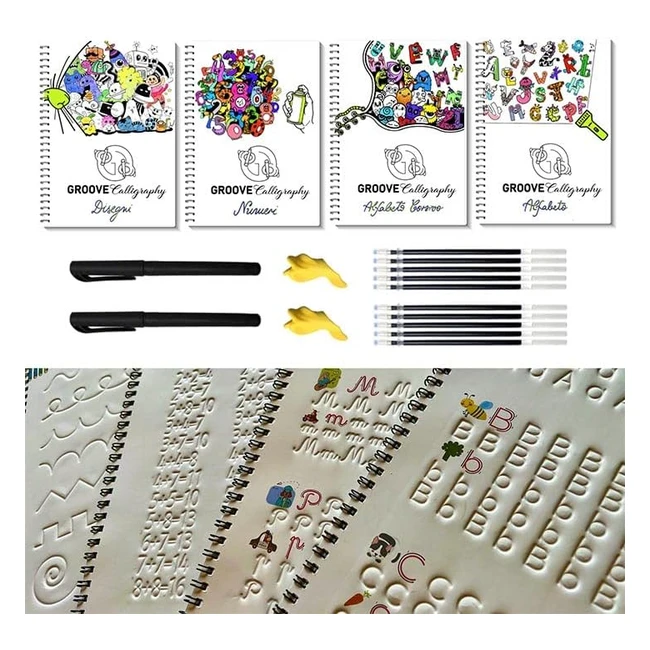 Groove Calligraphy - Quaderni Riutilizzabili A4 Premium con Scanalature - Corsivo, Numeri, Disegni - 2 Penne Magiche - 10 Inchiostro - 2 Correttori di Postura