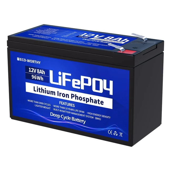 ECOWORTHY 12V 8Ah Rechargeable LiFePO4 Lithium Iron Phosphate Battery | Over 3000 Deep Cycles | Fish Finder, Ride on Car, Emergency Ham Radio, Burglar Alarm System, Kid Scooter, Solar Panel