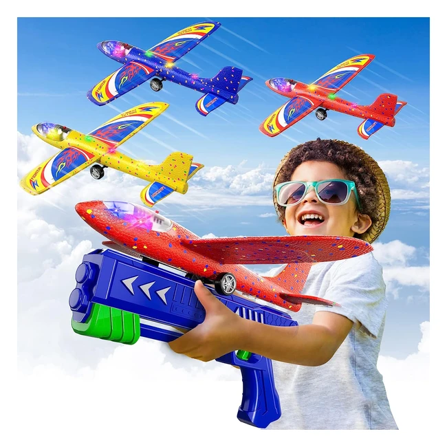 Doloowee 3 Pack Airplane Launcher Toys - LED Foam Glider - Outdoor Sports Flying Toys - Ages 4-12 - Blue