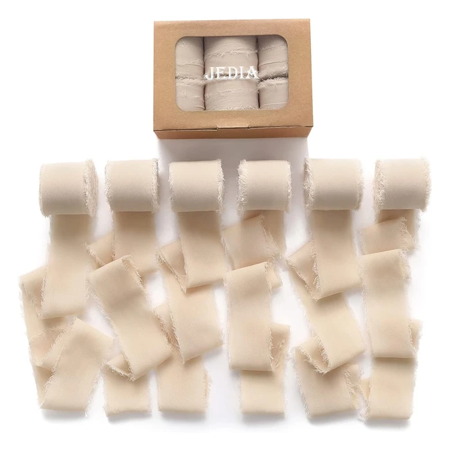 Jedia Chiffon Ribbon Set - 6 Rolls Champagne Beige Fringe Silk Ribbons - 15 x 7yd - Gift Wrapping, Wedding Invitations, DIY Crafts