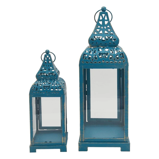 Bougeoir décoratif ethnique Rebecca Mobili, lanternes métal PVC or bleu, mesures 39 x 145 x 145 cm