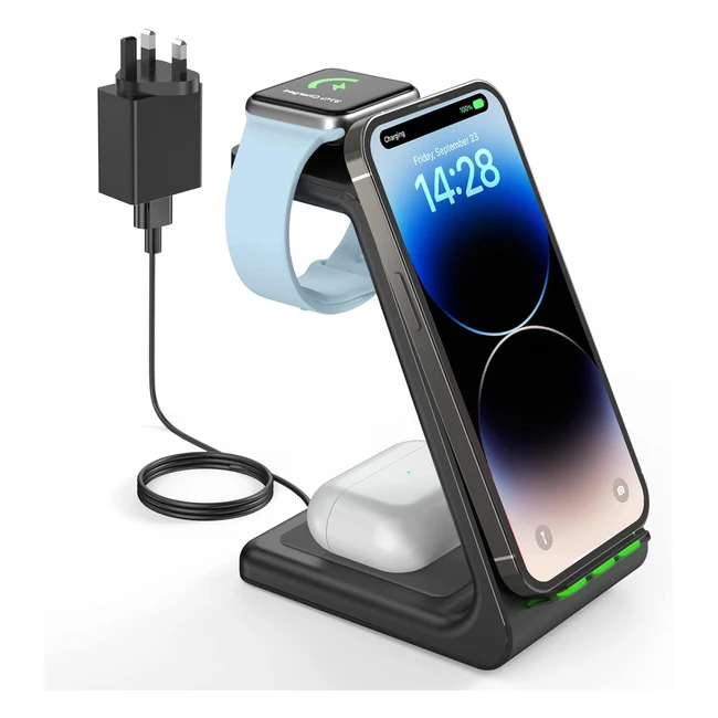 Geekera Wireless Charger Stand 3 in 1 - Fast Charging Dock for iPhone 14131211ProPro MaxXSXRX8, Apple Watch Series 2, AirPods Pro32
