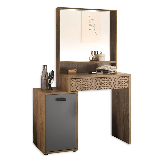 Stella Trading Leone Trend Schminktisch mit Spiegel in Ribbeck Eichenoptik, Graphit, modern, viel Stauraum, 95 x 145 x 40 cm