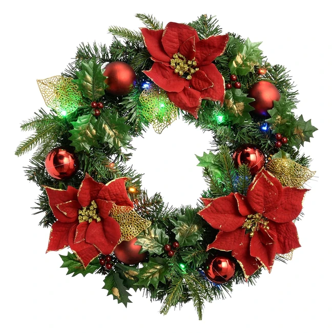 WerChristmas RedGold Decorated Wreath 60cm - 20 Multicolour LED Lights