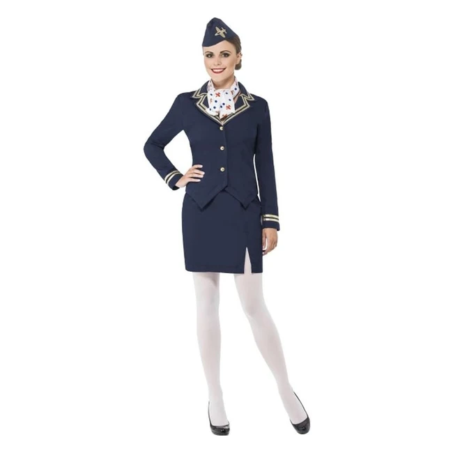 Costume hôtesse de l'air bleu Smiffys avec veste, jupe, écharpe et coiffe - Taille M