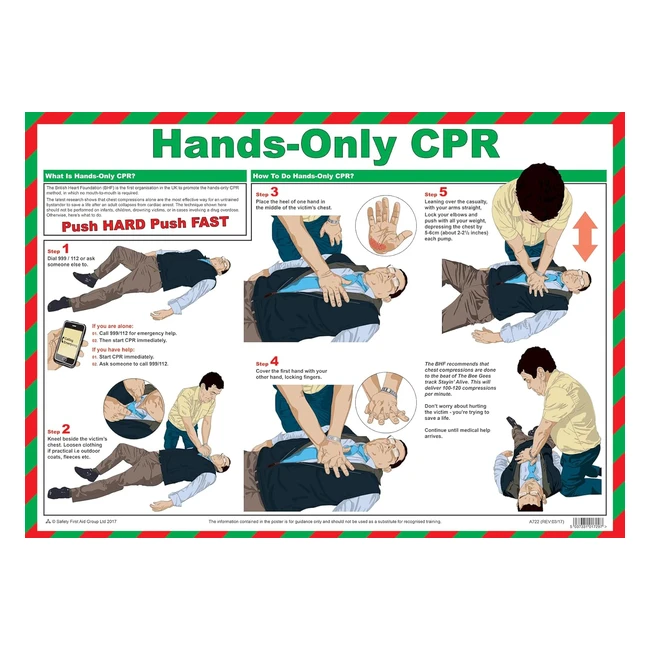 Safety First Aid Group Hands-Only CPR Poster | Fully Colored Illustrations | Updated Guidance