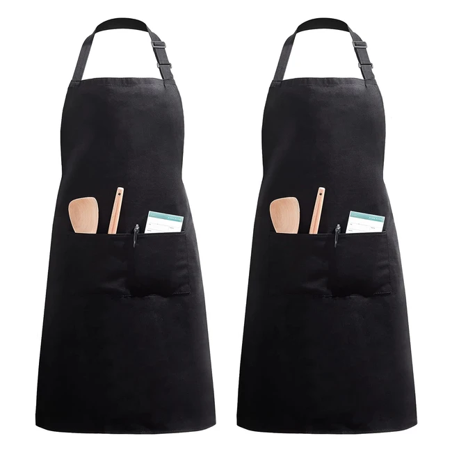 InnoGear 2 Pack Unisex Adjustable Bib Apron - Lightweight, Durable, 2 Pockets - Perfect for Home Kitchen, Restaurant, Coffee House - Black Polyester