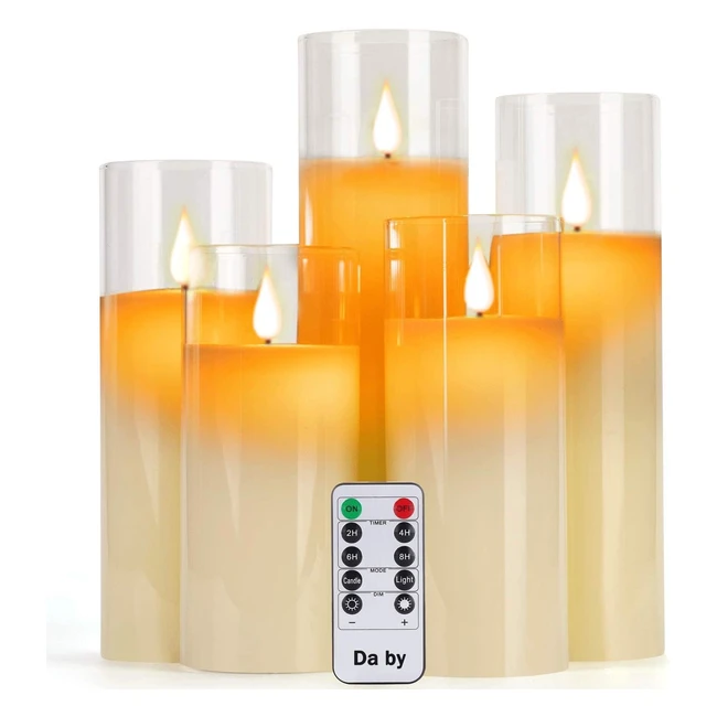 DA Flameless Candles with Glass Effect - Set of 5 Real Wax Pillars - Remote Control & Timer