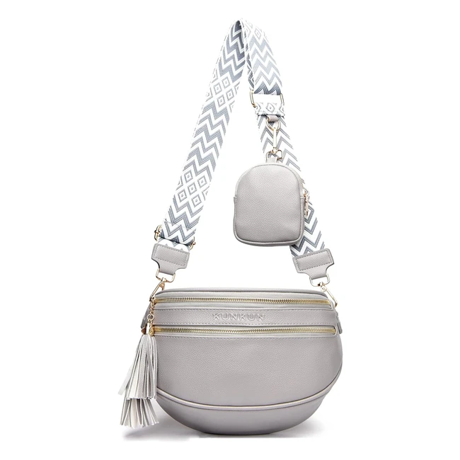 Sac banane femme Kunknu double fermeture clair gris - Petit sac bandoulière en cuir végétalien avec porte-monnaie amovible