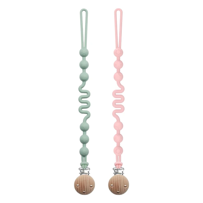 Attache tétine silicone avec ressort réglable - Lot de 2 - Pour bébés garçons et filles - Design monobloc vert rose