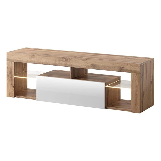 Selsey Bianko TV-Lowboard/TV-Schrank in Holzoptik Lancaster Eiche mit Klappe in Weiß Hochglanz mit LED-Beleuchtung - 140cm