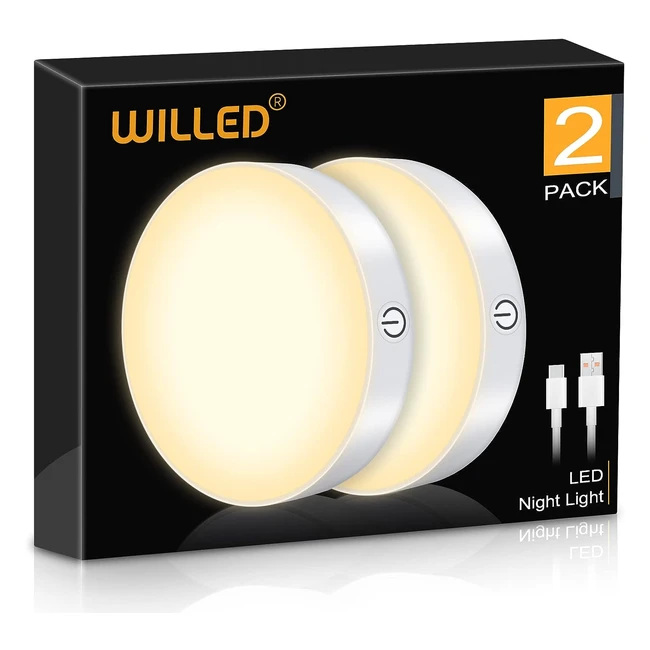 Portable LED Puck Night Lights - Dimmable, Rechargeable, Stick-on Closet Light - 2 Pack