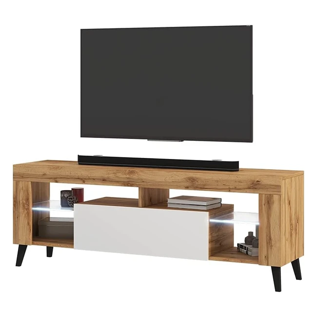 Selsey Hugob TV-Lowboard 140cm Lancaster Eiche Mattweiß Glanz mit LED
