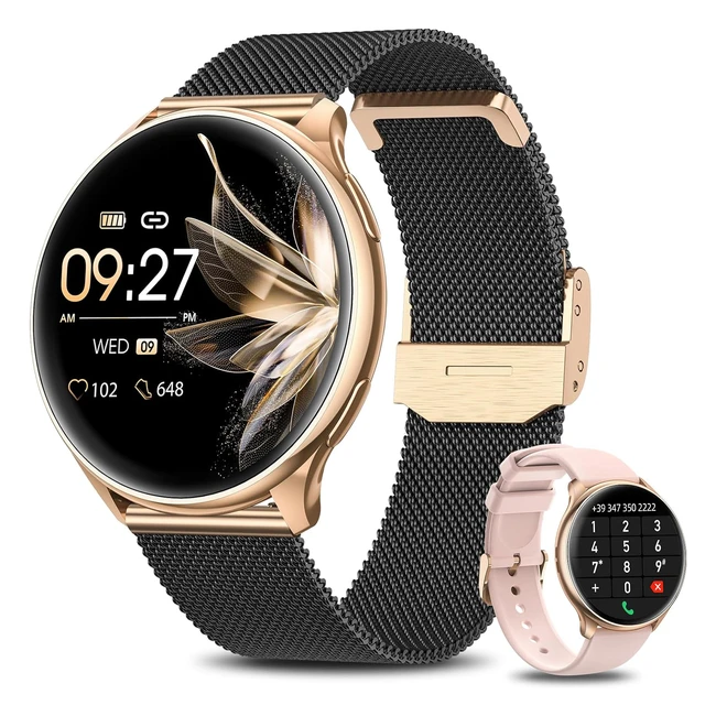 Smartwatch Donna Banlvs Chiamate Bluetooth e Risposta 132 - Alwayson Display, Cardiofrequenzimetro, Spo2, Sonno - Oro Nero