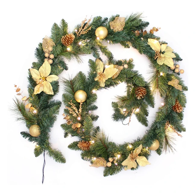 Luxurious 9ft Cream/Gold Pre-lit Decorated Garland | 40LED Lights | Christmas Decoration