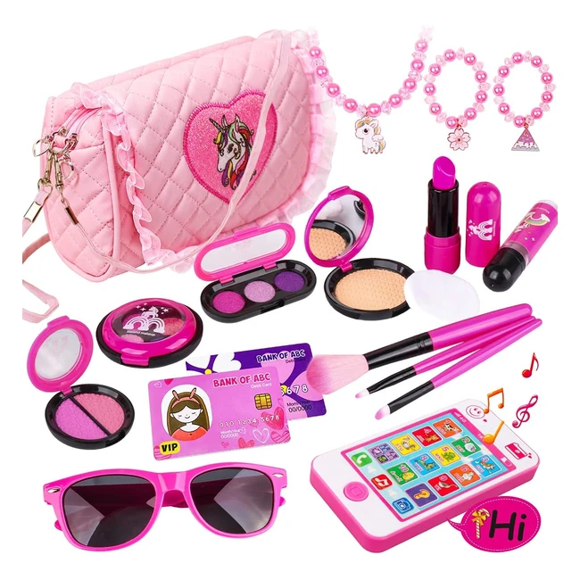 19pcs Pretend Play Makeup Set - Fake Cosmetic Toys Kit with Pink Purse, Smartphone, Sunglasses - Gift for Little Girls