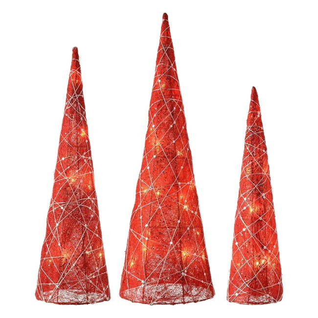 Elegant Pre-lit Sisal LED Tree Cones - Set of 3 | Silver Glitter String | 41/51/61 cm