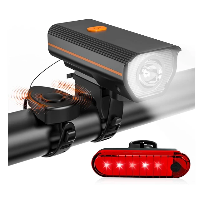 Ktebo Rechargeable Bike Lights Front and Back with Electric Bell Set - Ultra Bright LED - Road Mountain Bike Accessories