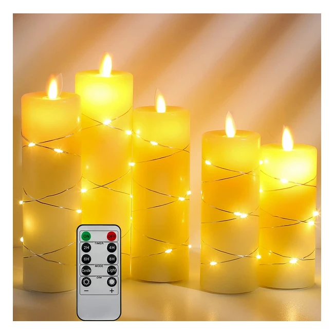 LED Kerzen mit eingebetteten Feenlichtern DA von 5 LED Kerzen mit 10-Tasten-Fernbedienung, 24-Stunden-Timerfunktion, tanzender Flamme, echtem Wachs, batteriebetrieben