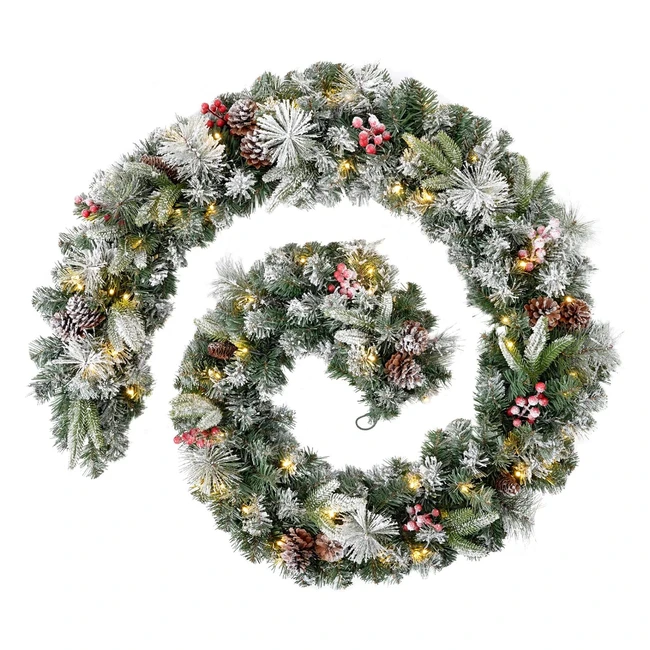 Luxurious 9ft Snow Flocked Garland with 80 Warm LED Lights - WerChristmas