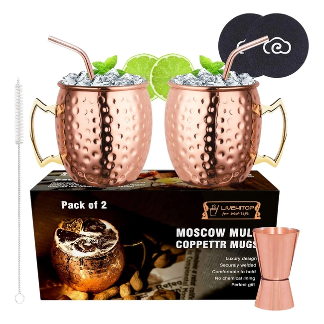 Ensemble de 2 tasses Moscow Mule en cuivre Livehitop 195 oz avec jigger - Cadeau pour la maison
