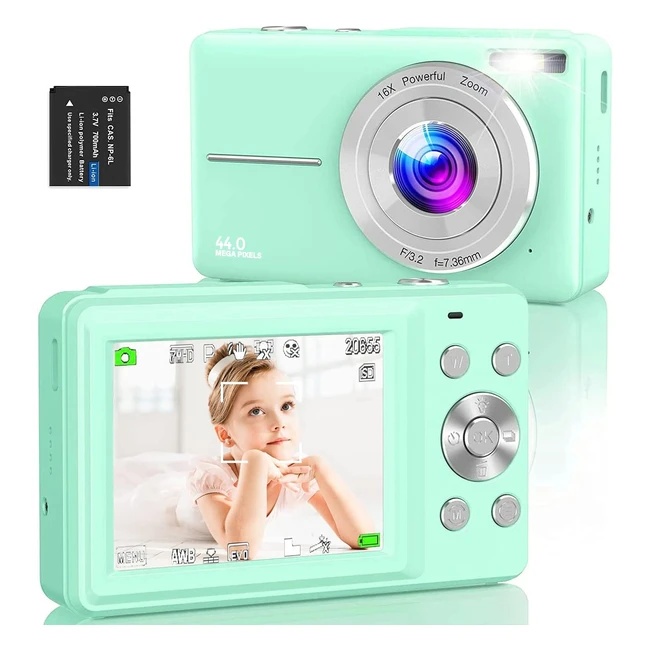 Compact Digital Camera 44MP FHD 1080P with 16x Zoom - Rechargeable - Beginner Photography - Green
