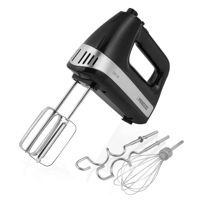 Princess Power 500 Handmixer, 3 Aufsätze, 5 Geschwindigkeiten, 500 Watt, mit Aufbewahrungsbox, 222206 0122220601001, Schwarz Silber