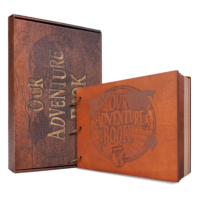 Album Fotografico Riempimento Flessibile - Our Adventure Book - Copertina in Legno - Album Fotografico Fai da Te - Adatto per Compleanno, Matrimonio, Album di Viaggio - 60 Pagine - Mappa del Mondo