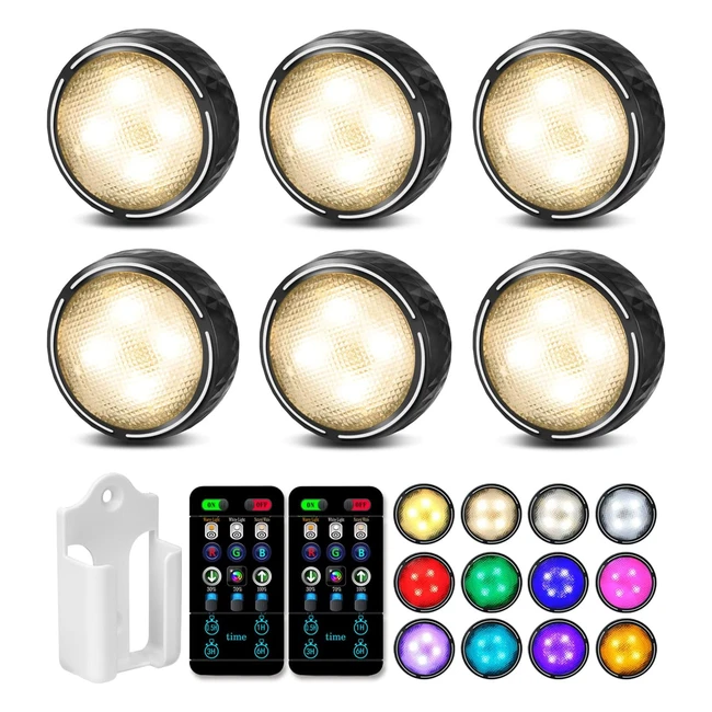 Onumii Under Cupboard Kitchen Lights - Battery Operated LED Under Cabinet Lights - Stick On Wardrobe Lights - Remote Control - RGB Puck Lights - 6 Pack - Black