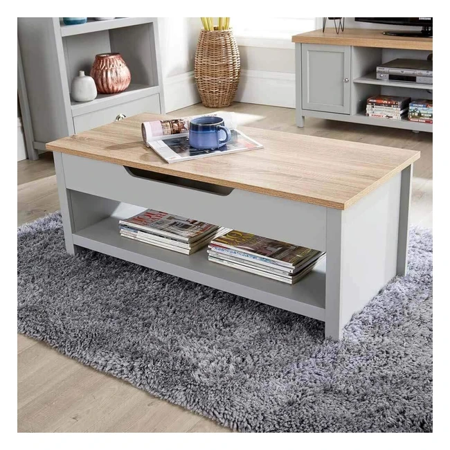 Home Source Oak Coffee Table - Lift Up, Avon Grey Storage Shelf - W105cm x D47cm x H40cm