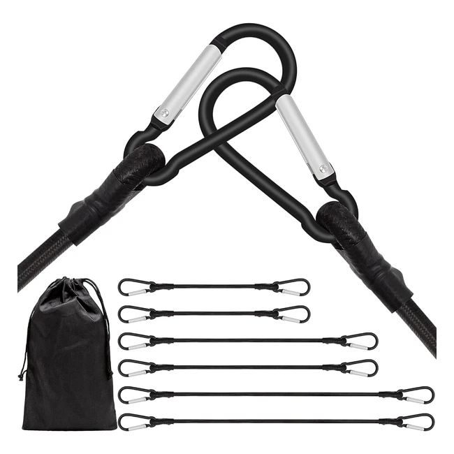 Heavy Duty Bungee Cords with Carabiner Clips - 6 Pack, Assorted Sizes 24 40 60 - Extra Strong Black Straps for Tarps, Bike Racks, Tents