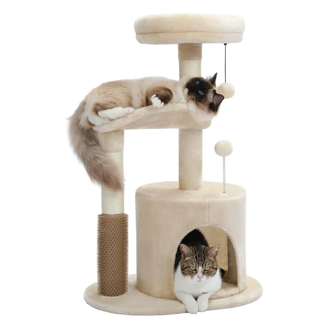 Petepela Small Cat Tree 78cm - Modern Scratching Post for Small to Medium Size Cats - Plush Cave, Bobble Ball, Sisal Rope - Beige