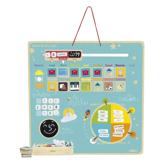 Sémainier Magnétique Vilac en Bois - Apprendre Jours, Dates, Mois, Saisons - S'organiser Comme un Grand