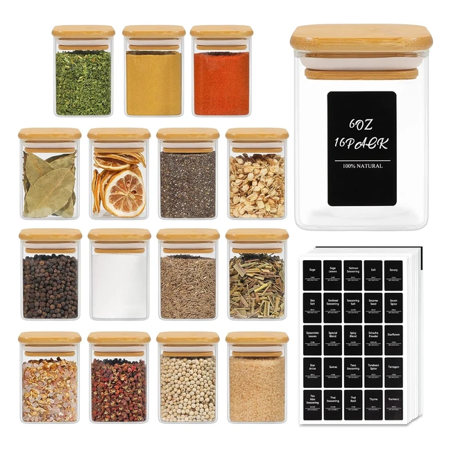 Comsaf 16pcs Glass Spice Jars with Bamboo Lids - Airtight Square Storage Contain