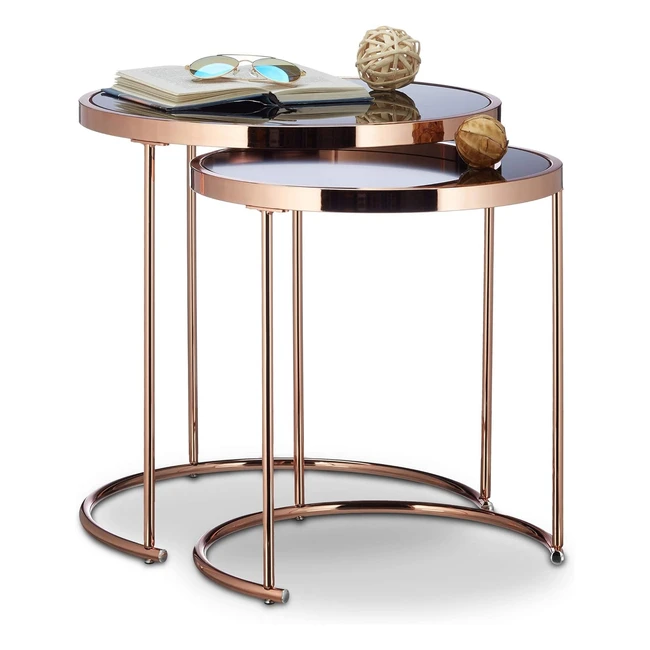 Set 2 mesas auxiliares redondas cristal y acero cobre 51 x 50 x 50 cm