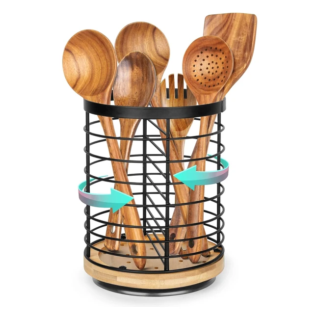 Porteustensiles de cuisine en acier inoxydable noir - Base en bois respirant - Porteustensiles rotatif